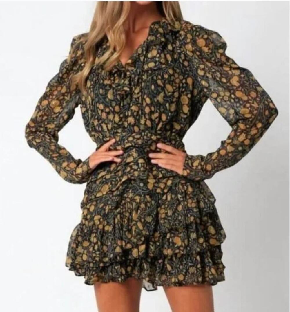 Olivaceous Long Sleeve Mini Blue Gold Floral Dress Ruffle Women's size Medium
